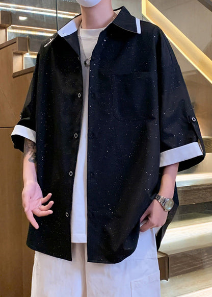 Stylish Black Peter Pan Collar Patchwork Cotton Shirts Summer