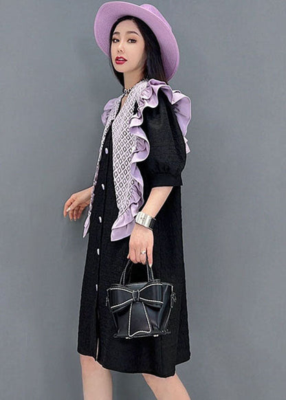 Stylish Black Peter Pan Collar Patchwork Ruffled Cotton Dresses Short Sleeve