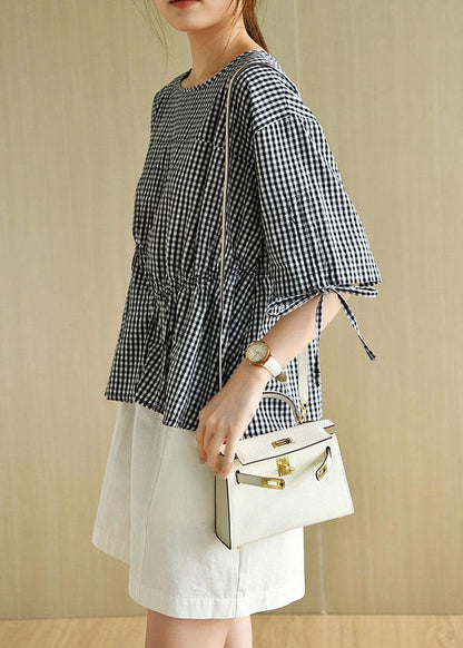 Stylish Black Plaid O-neck Asymmetrical Design Summer Tops Half Sleeve