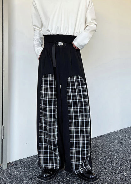 Stylish Black Plaid Patchwork Cotton Pants Apparel Spring