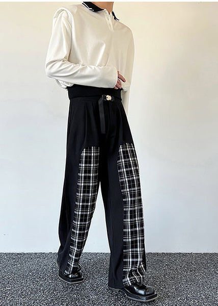 Stylish Black Plaid Patchwork Cotton Pants Apparel Spring