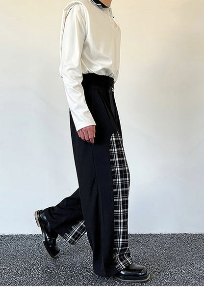 Stylish Black Plaid Patchwork Cotton Pants Apparel Spring