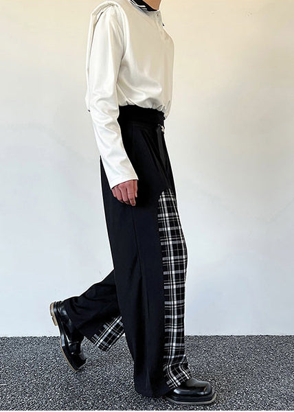 Stylish Black Plaid Patchwork Cotton Pants Apparel Spring