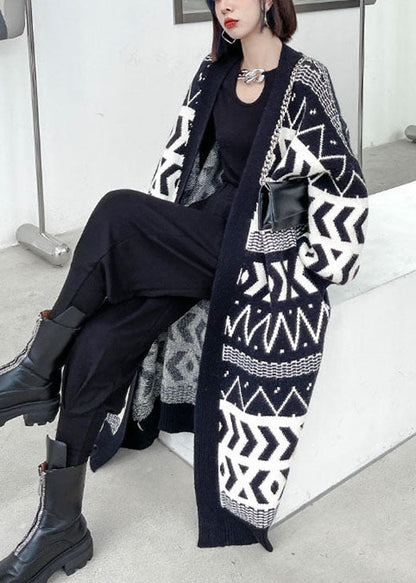 Stylish Black Pockets Button Jacquard Fall Long Knit Sweaters Coat