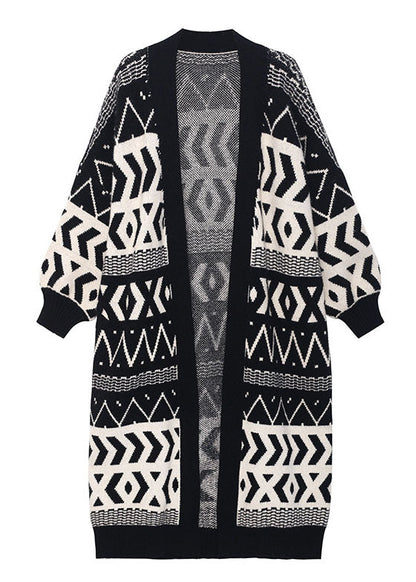 Stylish Black Pockets Button Jacquard Fall Long Knit Sweaters Coat