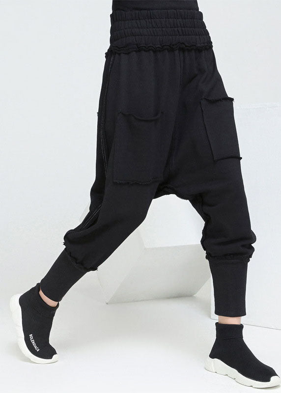 Stylish Black Pockets Cotton Harem Pants Spring
