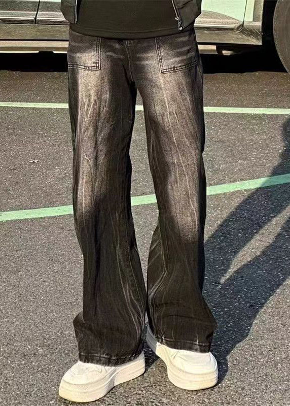Stylish Black Pockets Denim Straight Pants Fall