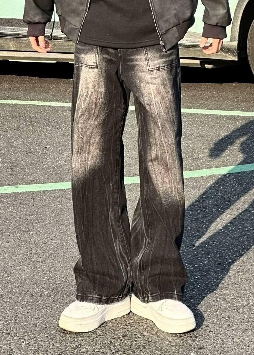 Stylish Black Pockets Denim Straight Pants Fall