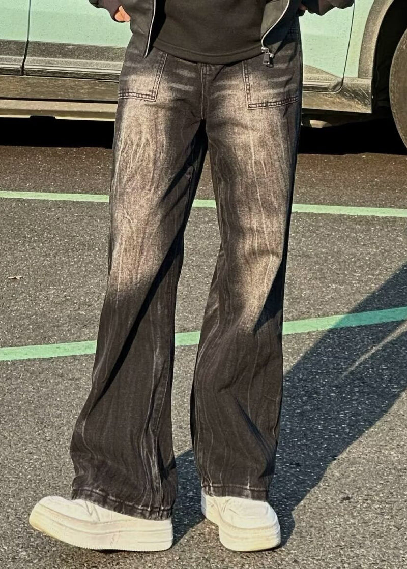 Stylish Black Pockets Denim Straight Pants Fall