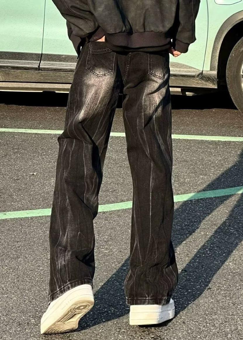 Stylish Black Pockets Denim Straight Pants Fall