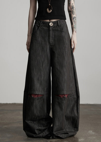 Stylish Black Pockets High Waist Cotton Wide Leg Pants Spring