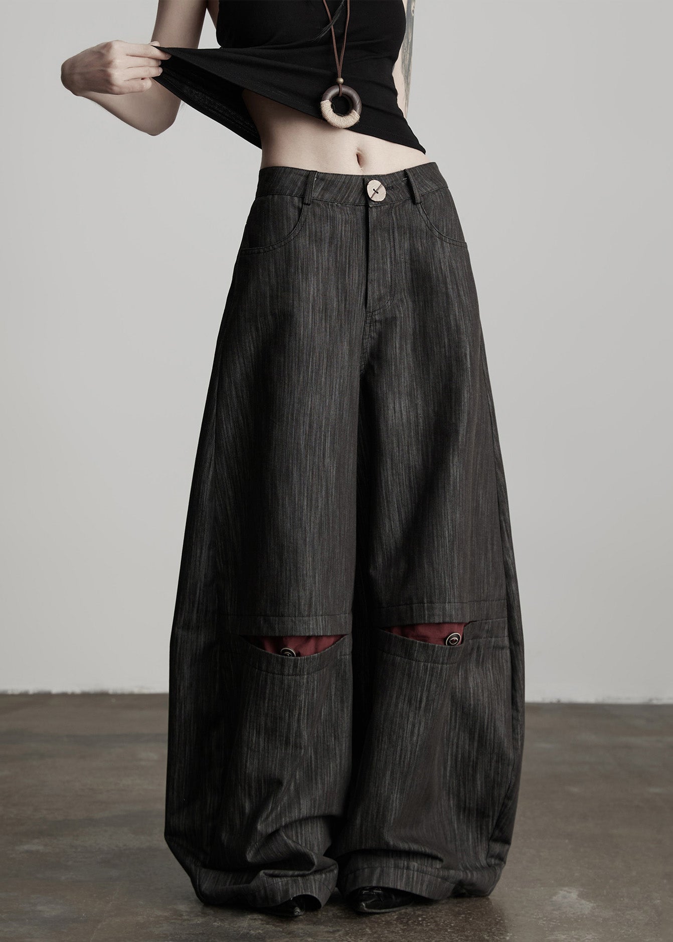 Stylish Black Pockets High Waist Cotton Wide Leg Pants Spring