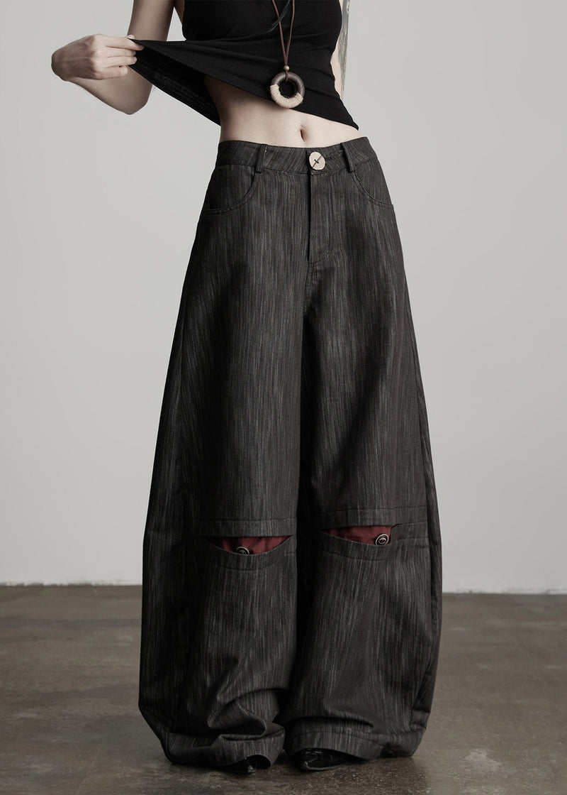 Stylish Black Pockets High Waist Cotton Wide Leg Pants Spring