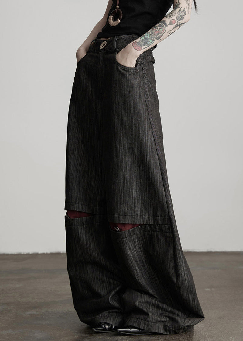 Stylish Black Pockets High Waist Cotton Wide Leg Pants Spring