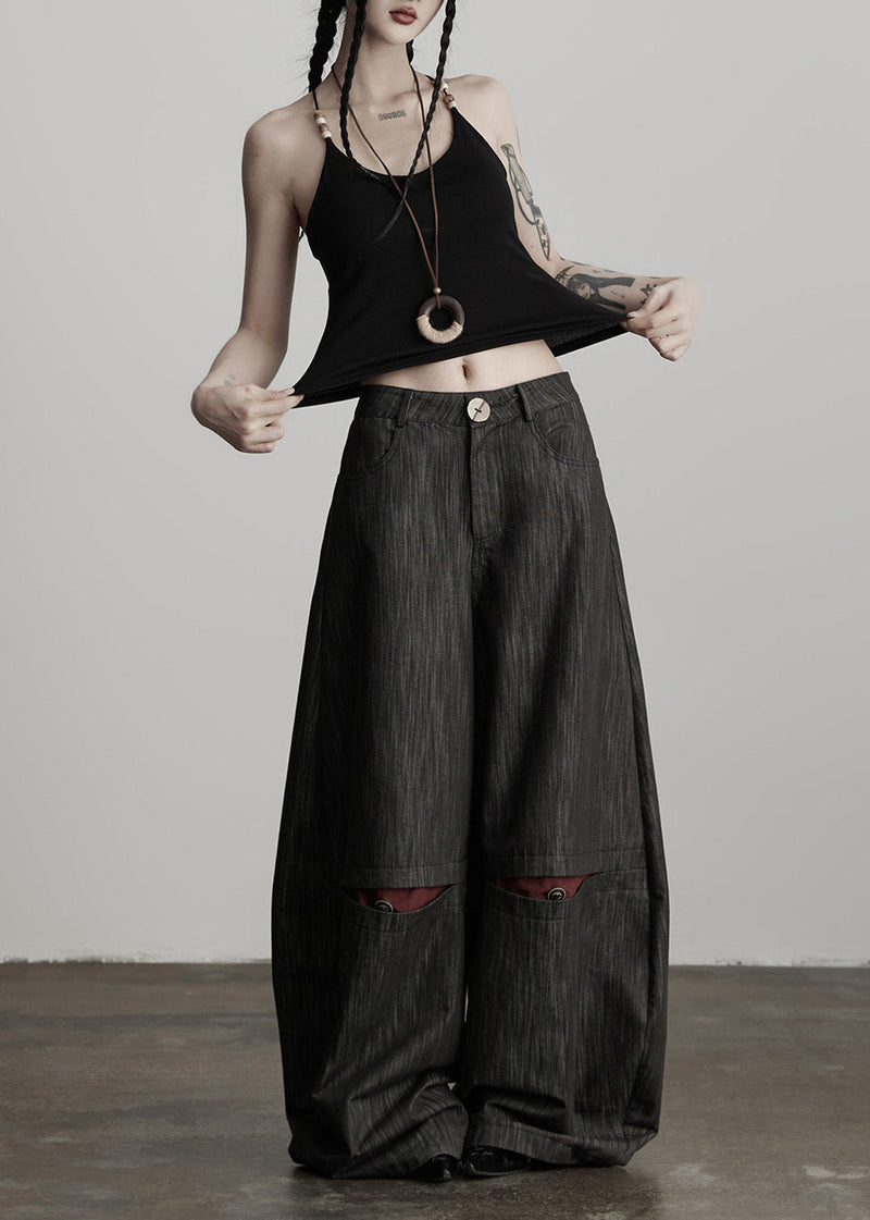 Stylish Black Pockets High Waist Cotton Wide Leg Pants Spring