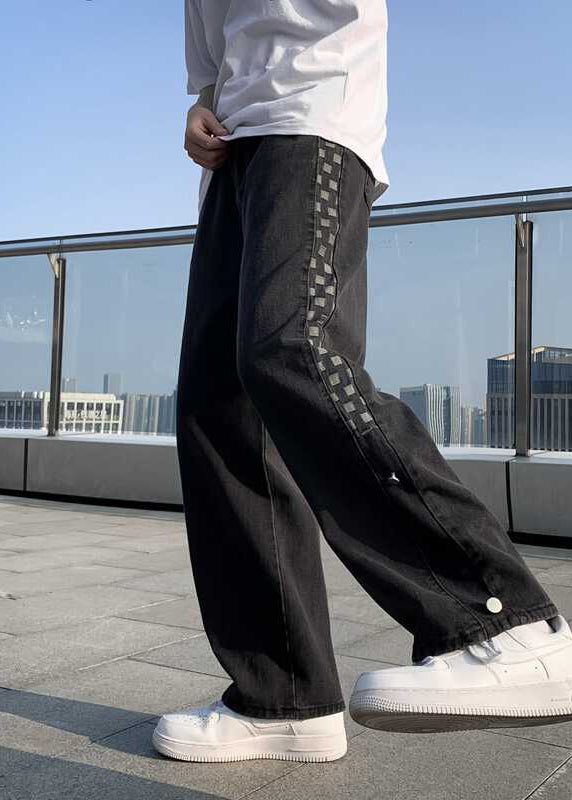 Stylish Black Pockets Patchwork Denim Pants Trousers Fall