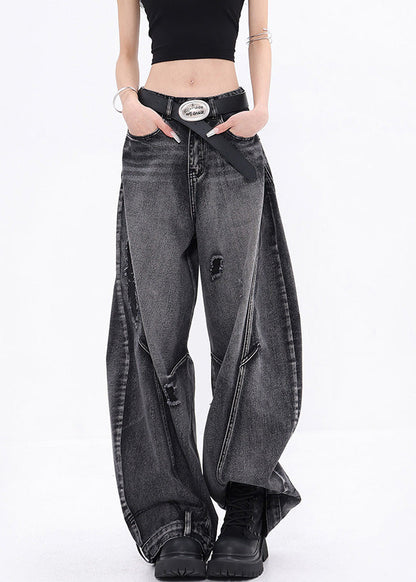 Stylish Black Pockets Patchwork Denim Ripped Pants Fall