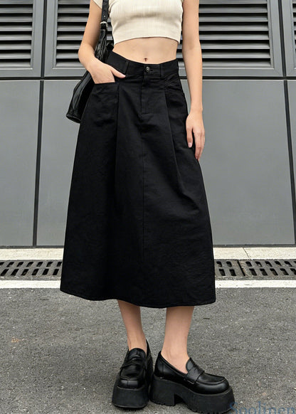 Stylish Black Pockets Wrinkled Denim Skirt Spring