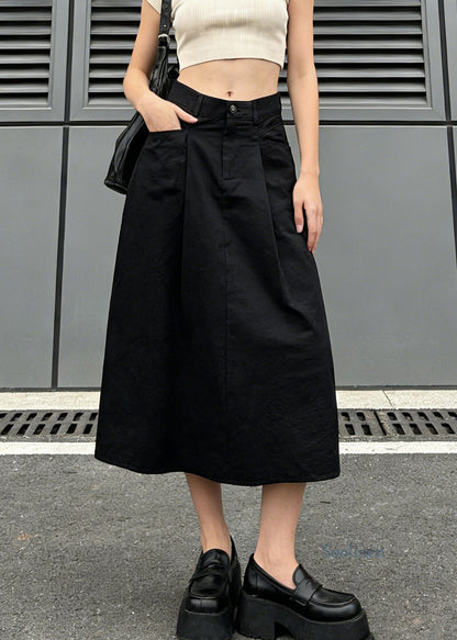 Stylish Black Pockets Wrinkled Denim Skirt Spring