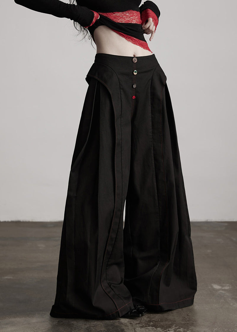 Stylish Black Pockets Wrinkled Patchwork Cotton Wide Leg Pants Spring