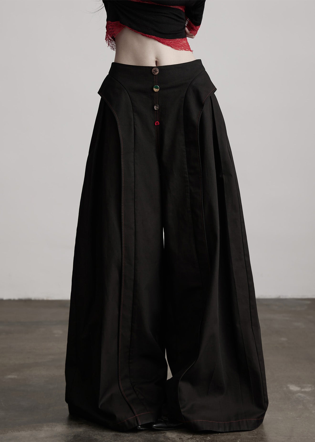 Stylish Black Pockets Wrinkled Patchwork Cotton Wide Leg Pants Spring