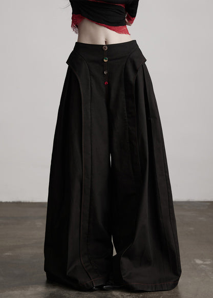 Stylish Black Pockets Wrinkled Patchwork Cotton Wide Leg Pants Spring
