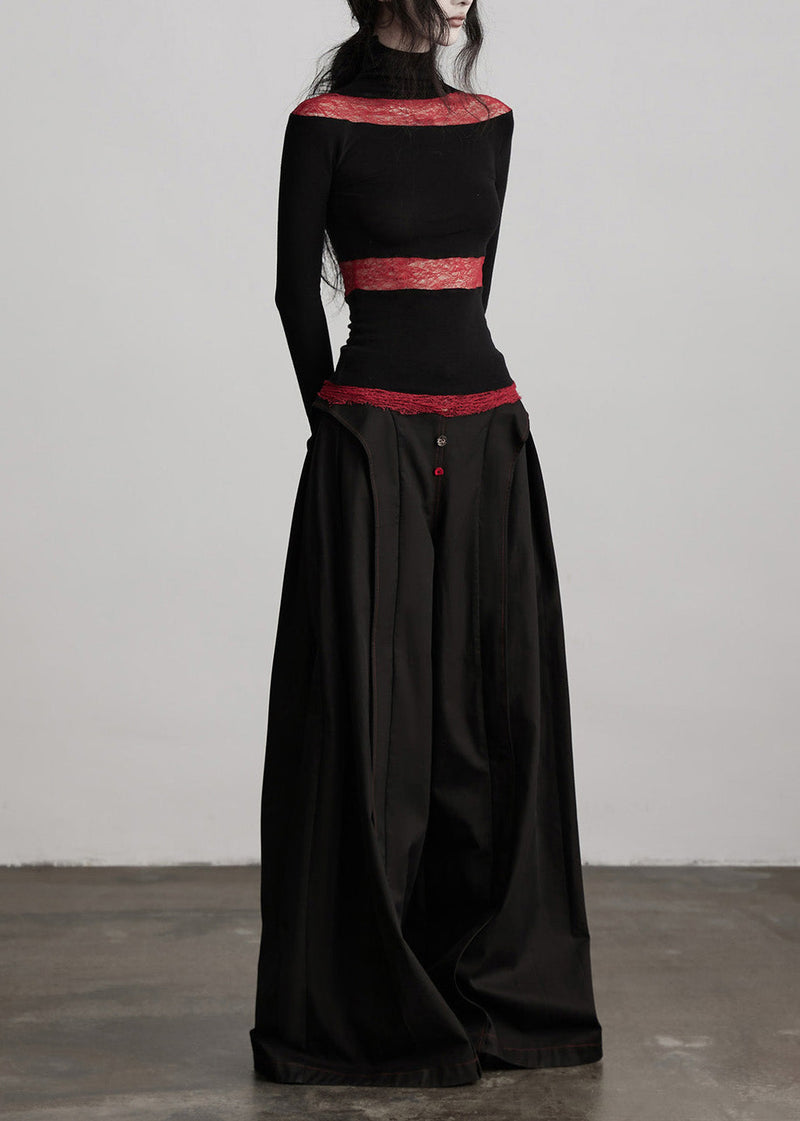 Stylish Black Pockets Wrinkled Patchwork Cotton Wide Leg Pants Spring
