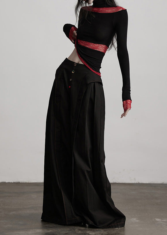 Stylish Black Pockets Wrinkled Patchwork Cotton Wide Leg Pants Spring