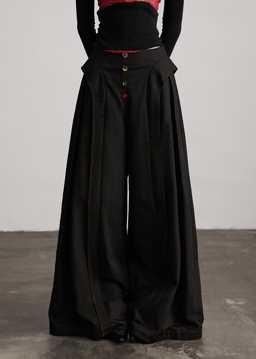 Stylish Black Pockets Wrinkled Patchwork Cotton Wide Leg Pants Spring