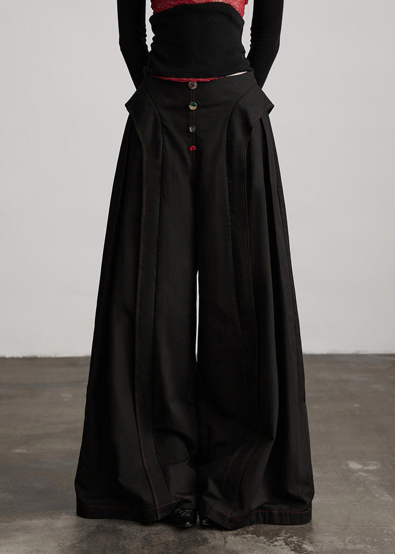 Stylish Black Pockets Wrinkled Patchwork Cotton Wide Leg Pants Spring