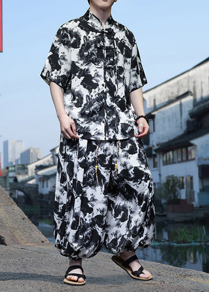 Stylish Black Print Button Ice Silk Shirt and Lantern Pants Two Piece Set Short Sleeve