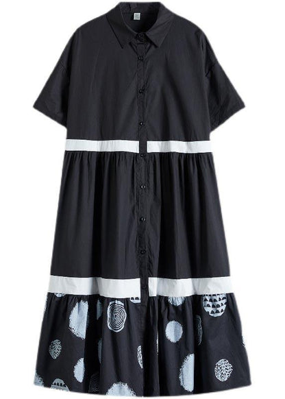 Stylish Black Print Cotton Patchwork a Line Summer Long Dress