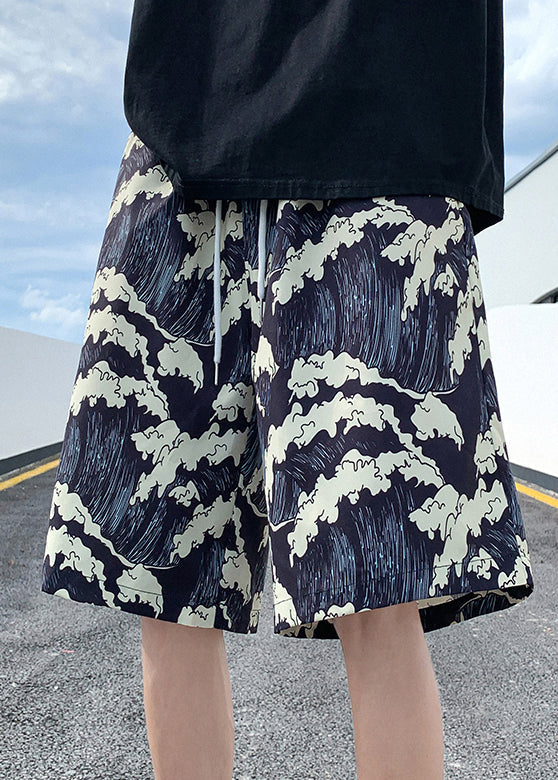 Stylish Black Print Elastic Waist Ice Silk Shorts Summer