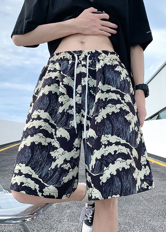 Stylish Black Print Elastic Waist Ice Silk Shorts Summer