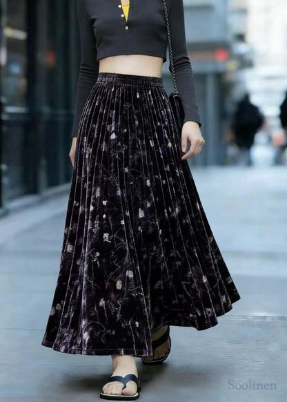 Stylish Black Print Exra Large Hem Silk Velvet Skirts Spring