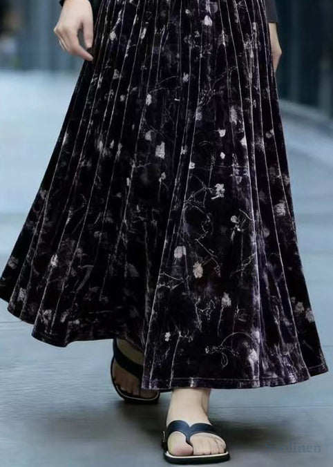 Stylish Black Print Exra Large Hem Silk Velvet Skirts Spring