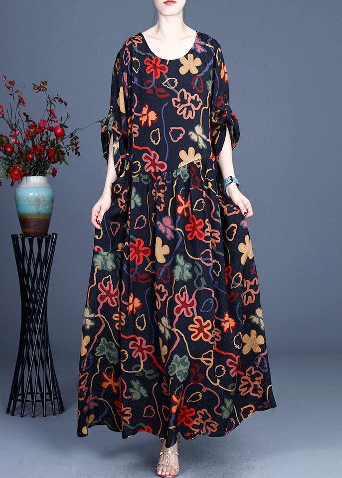 Stylish Navy Print O-neck Asymmetrical Design Summer Chiffon Ankle Dress