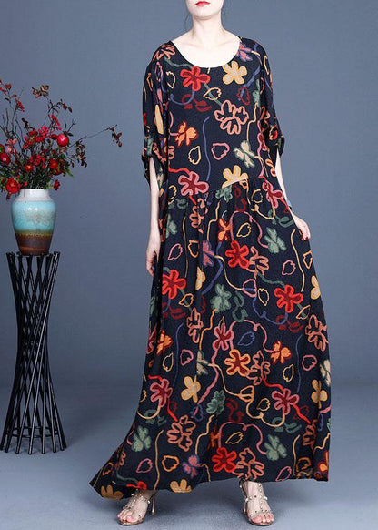 Stylish Navy Print O-neck Asymmetrical Design Summer Chiffon Ankle Dress