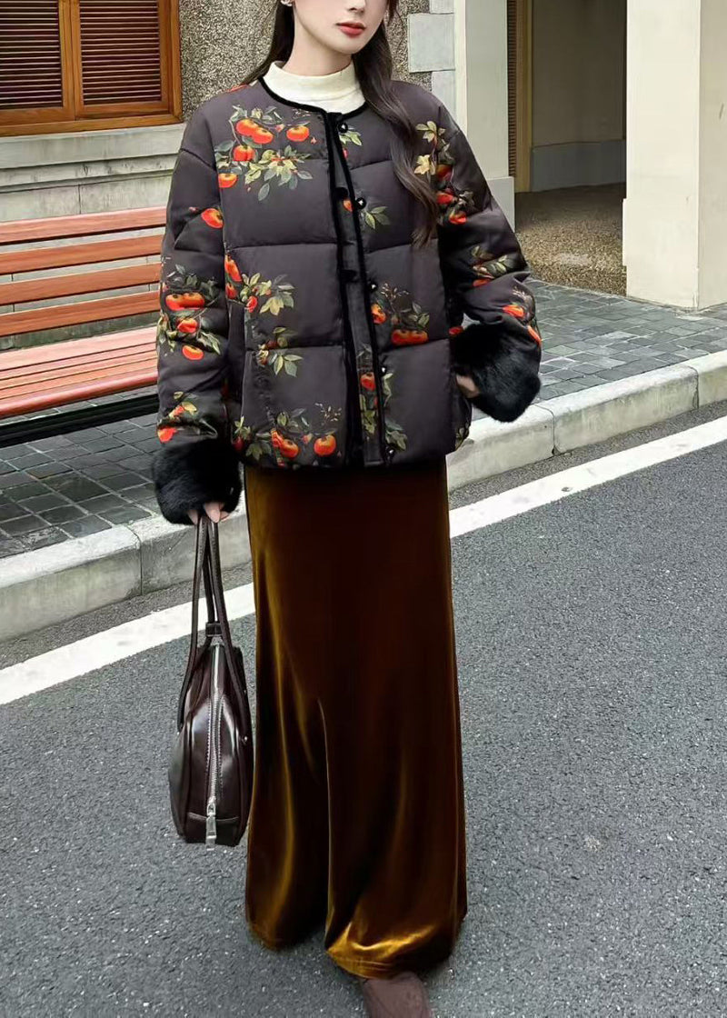 Stylish Black Print Patchwork Mink Hair Duck Down Jacket Winter