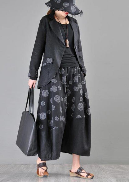 Stylish Black Print Asymmetrical Design Cotton Linen Wide Leg Pants Summer