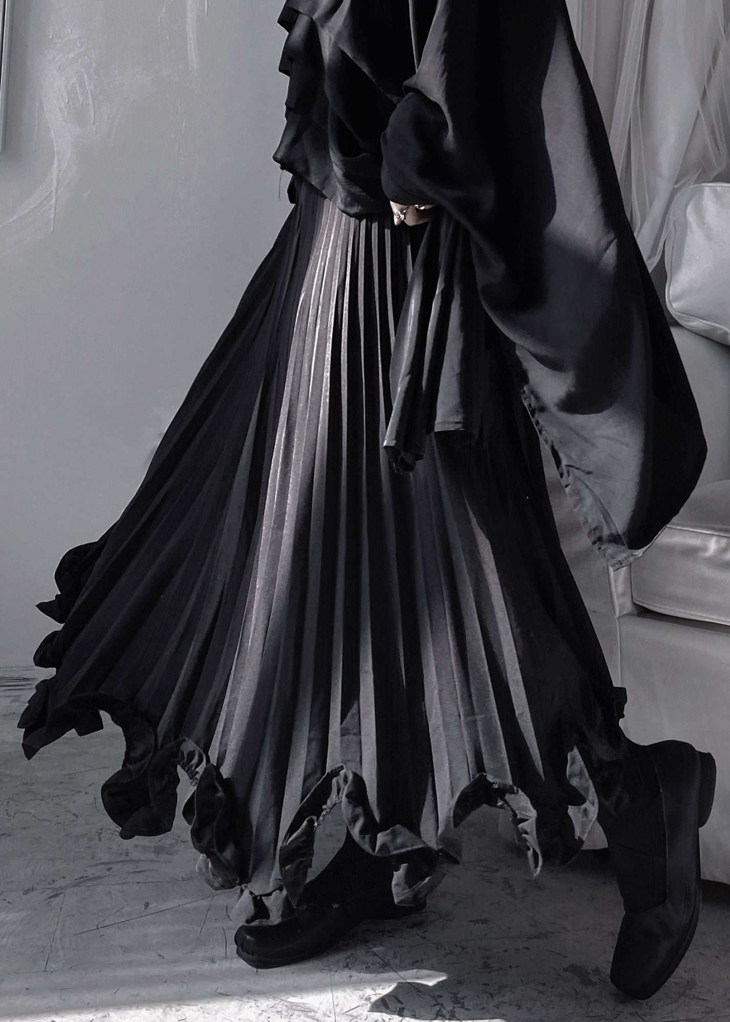 Stylish Black Ruffled Patchwork a Line Skirt Fall