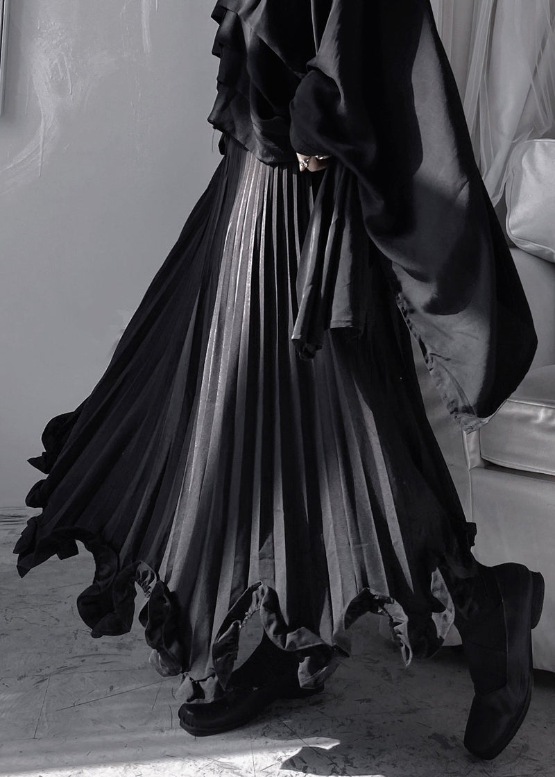 Stylish Black Ruffled Patchwork a Line Skirt Fall