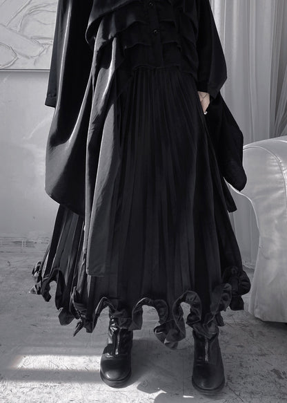 Stylish Black Ruffled Patchwork a Line Skirt Fall