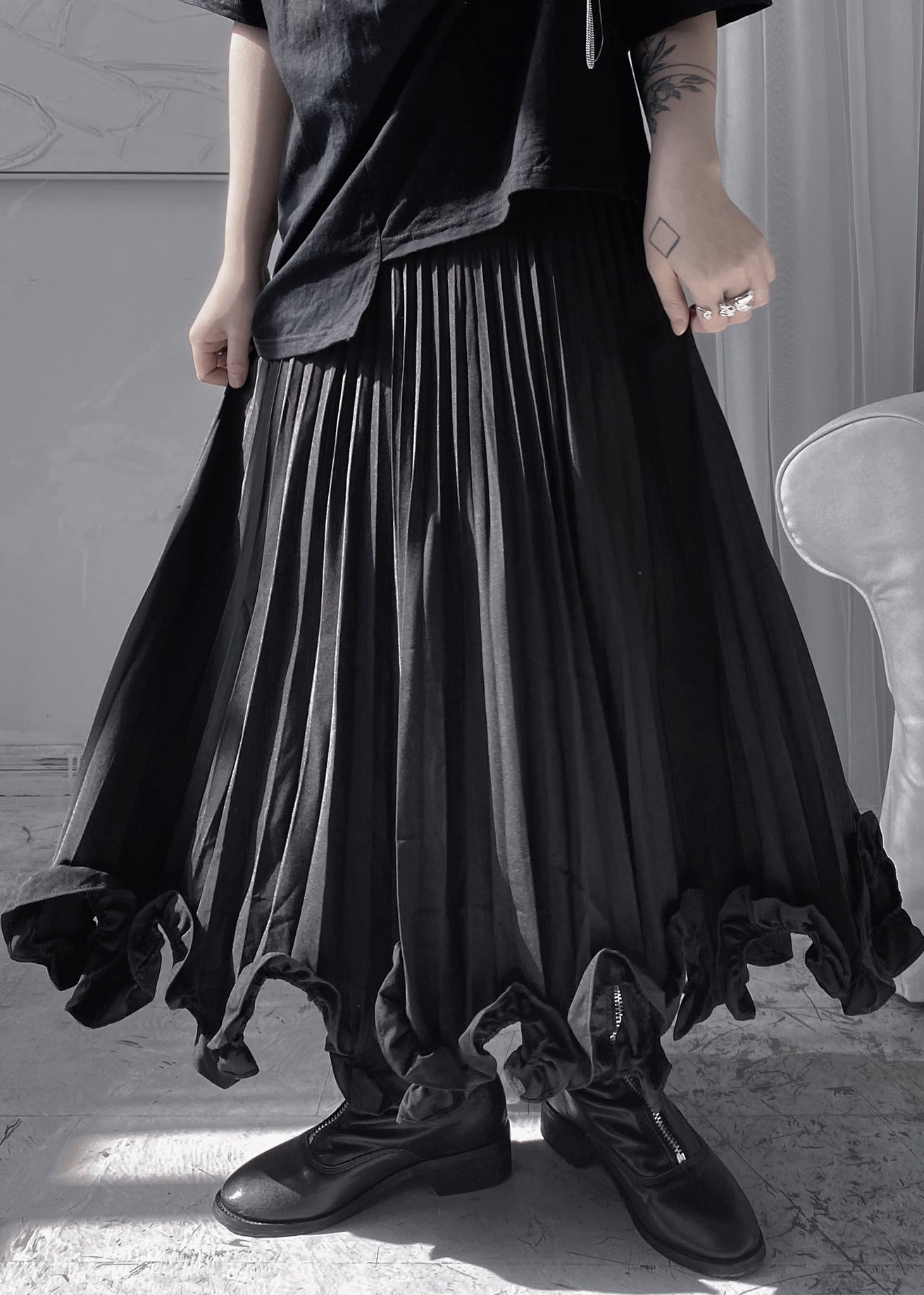 Stylish Black Ruffled Patchwork a Line Skirt Fall