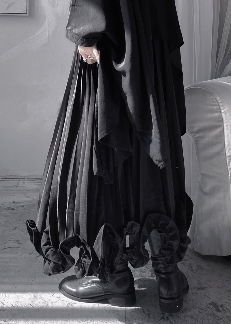 Stylish Black Ruffled Patchwork a Line Skirt Fall