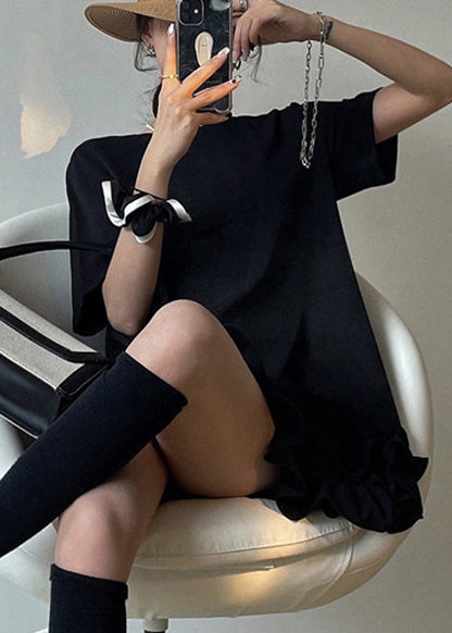 Stylish Black Ruffled Patchwork Cotton T Shirt Dress Summer