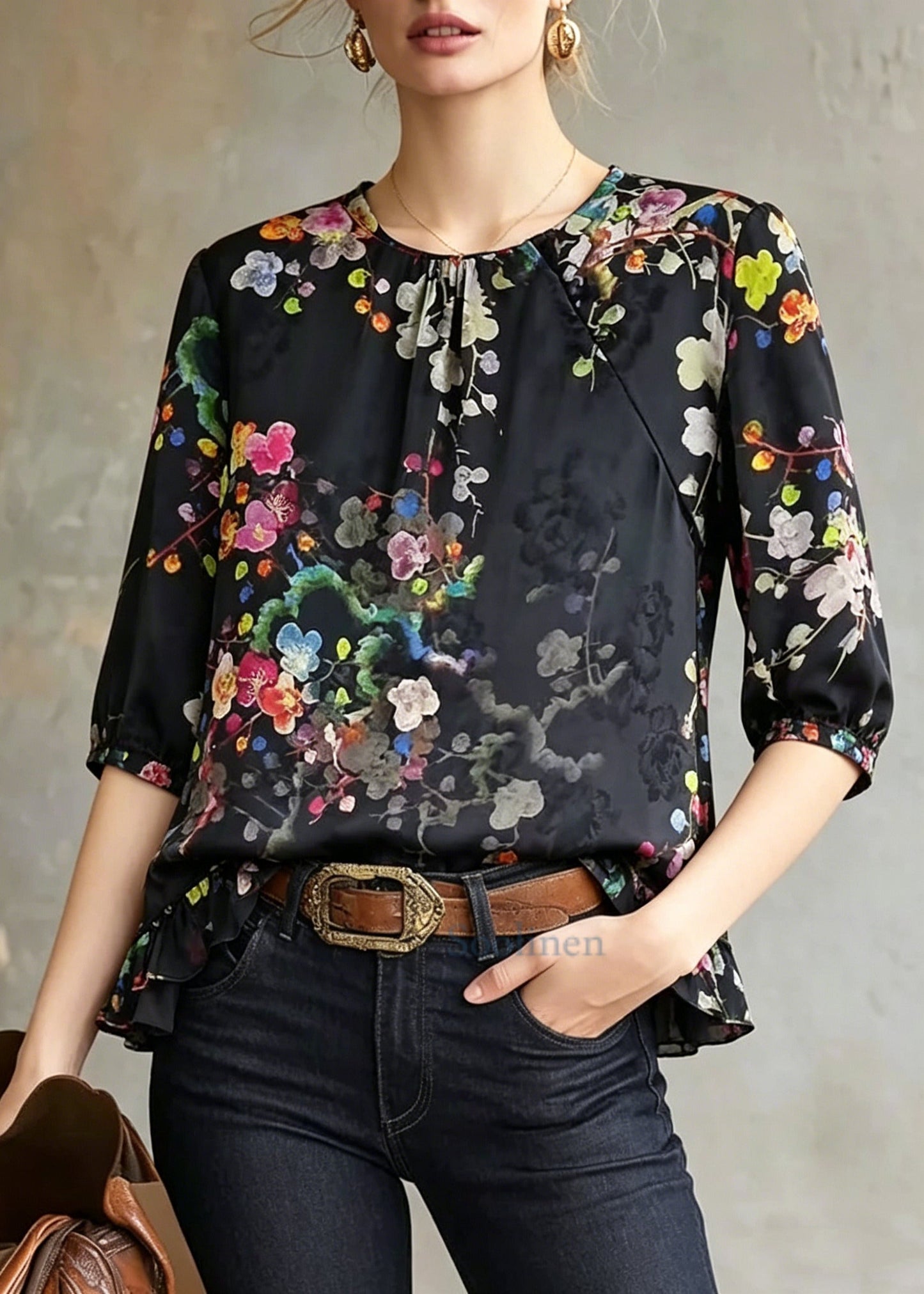 Stylish Black Ruffled Print Silk Blouse Top Summer