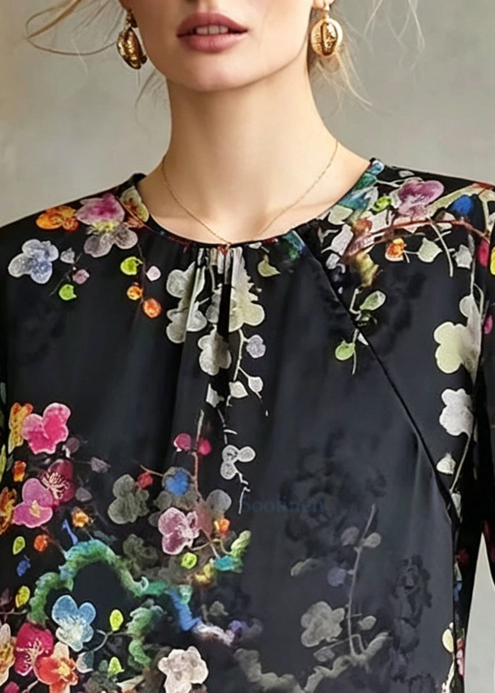 Stylish Black Ruffled Print Silk Blouse Top Summer