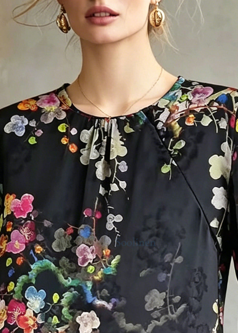 Stylish Black Ruffled Print Silk Blouse Top Summer
