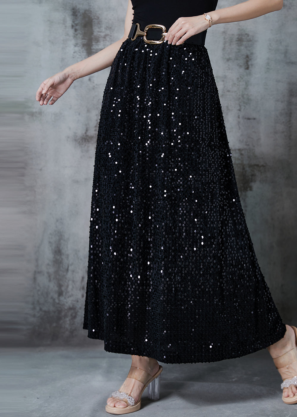 Stylish Black Sequins Cotton a Line Skirts Spring